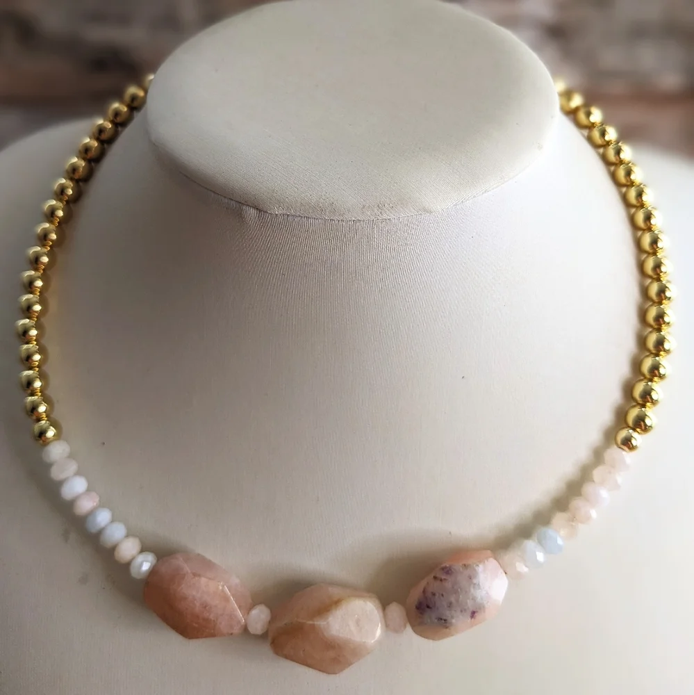Natural Large Morganite Nugget & Beads With Gold Beads In Choker/Necklace